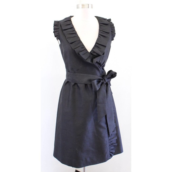 NWT $375 Kate Spade Black Silk Blend Aubrey Ruffle Trim Wrap Tie Dress Size 2 - Picture 1 of 6